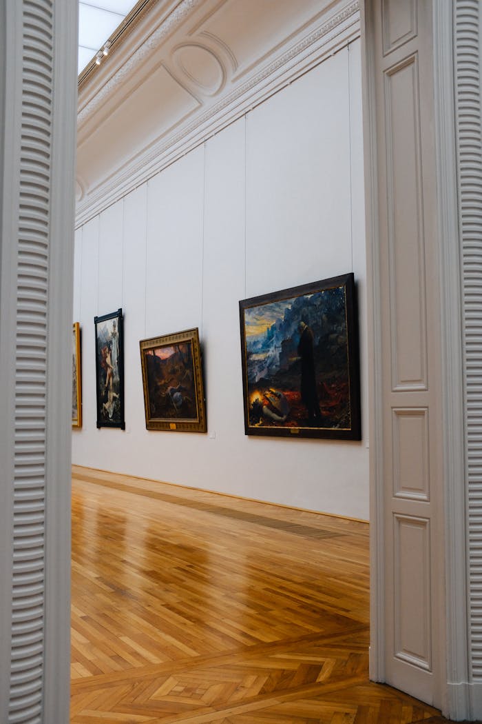 Explore the elegance of an art gallery interior with framed paintings on display.